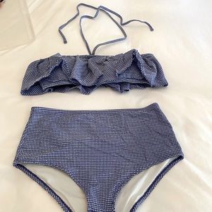 JCrew navy and white ruffle bikini